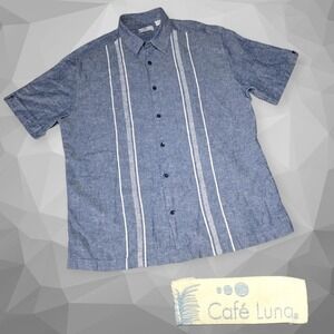 Cafe‎ Luna Men's Striped Linen Button Up Short Sleeve Camp Shirt Blue L